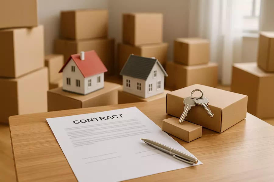 Två bostadsrätter i flytt – flyttkartonger, nycklar och kontrakt på bordet